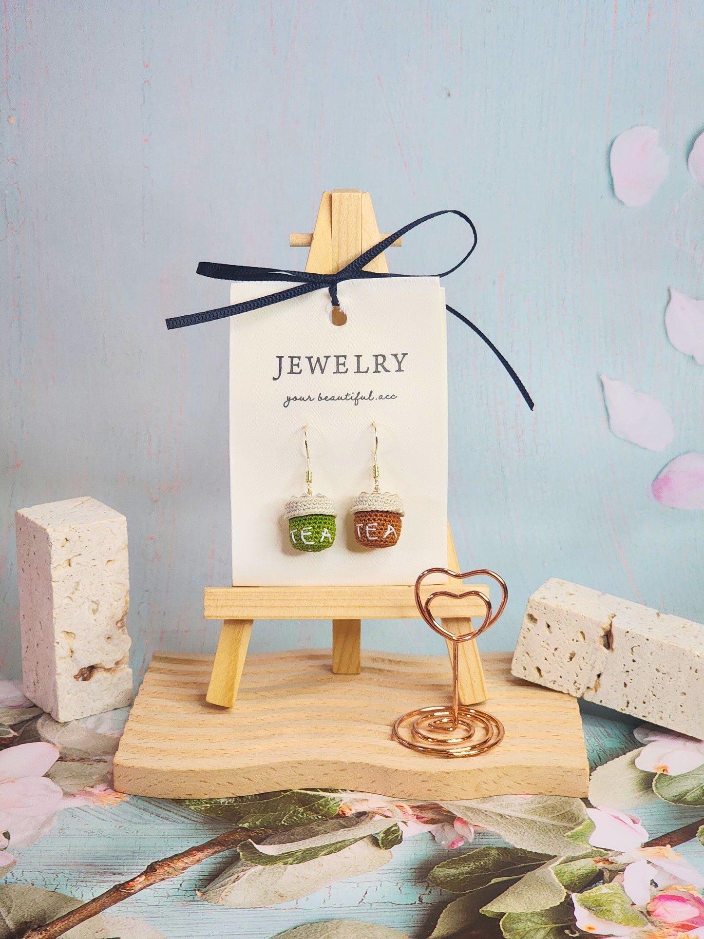 Unique artisan-crafted bubble and matcha tea micro-crochet earrings made with ultra-fine lace yarn and adorned with Swarovski crystals