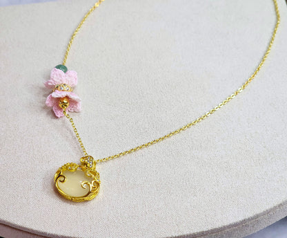 Natural Chalcedony Ruyi locket & Jadeite bead with pink micro-crochet blossoms on 18K gold-plated necklace