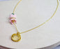 Natural Chalcedony Ruyi locket & Jadeite bead with pink micro-crochet blossoms on 18K gold-plated necklace