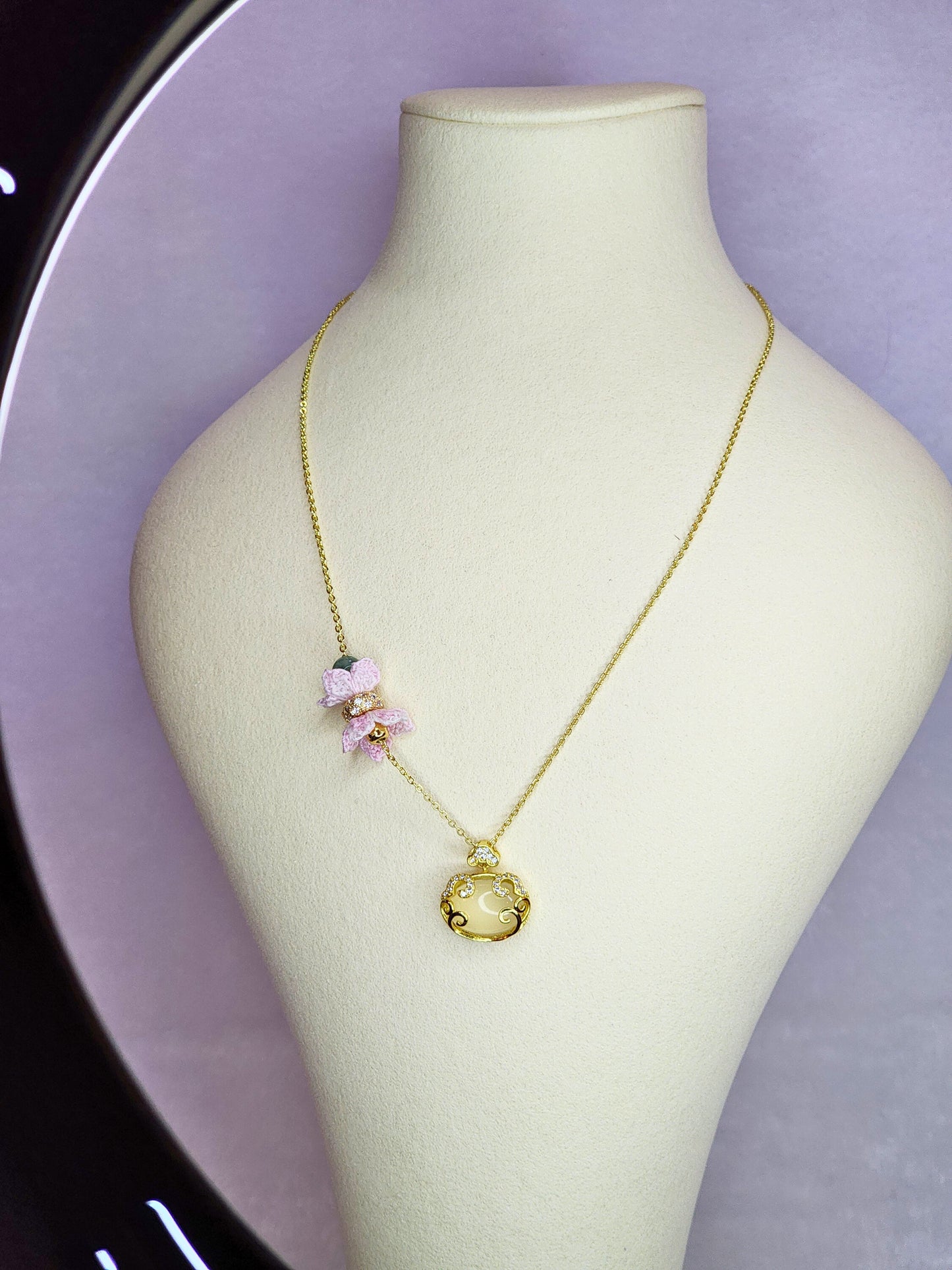Natural Chalcedony Ruyi locket & Jadeite bead with pink micro-crochet blossoms on 18K gold-plated necklace