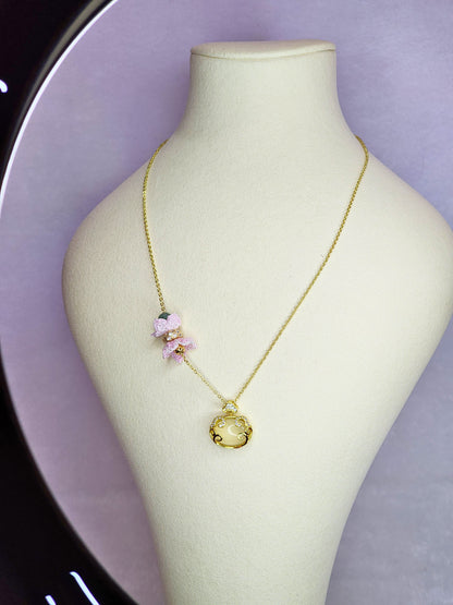 Natural Chalcedony Ruyi locket & Jadeite bead with pink micro-crochet blossoms on 18K gold-plated necklace