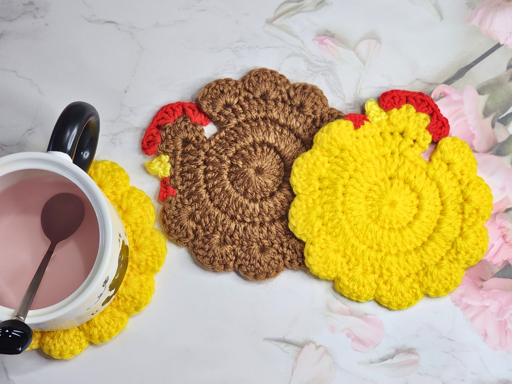 Yellow and brown chicken crochet coaster set