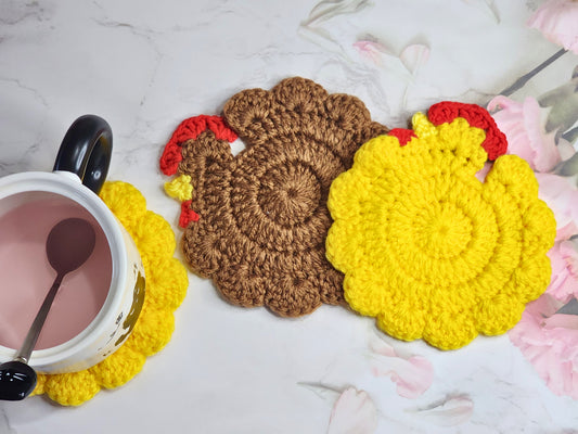 Yellow and brown chicken crochet coaster set