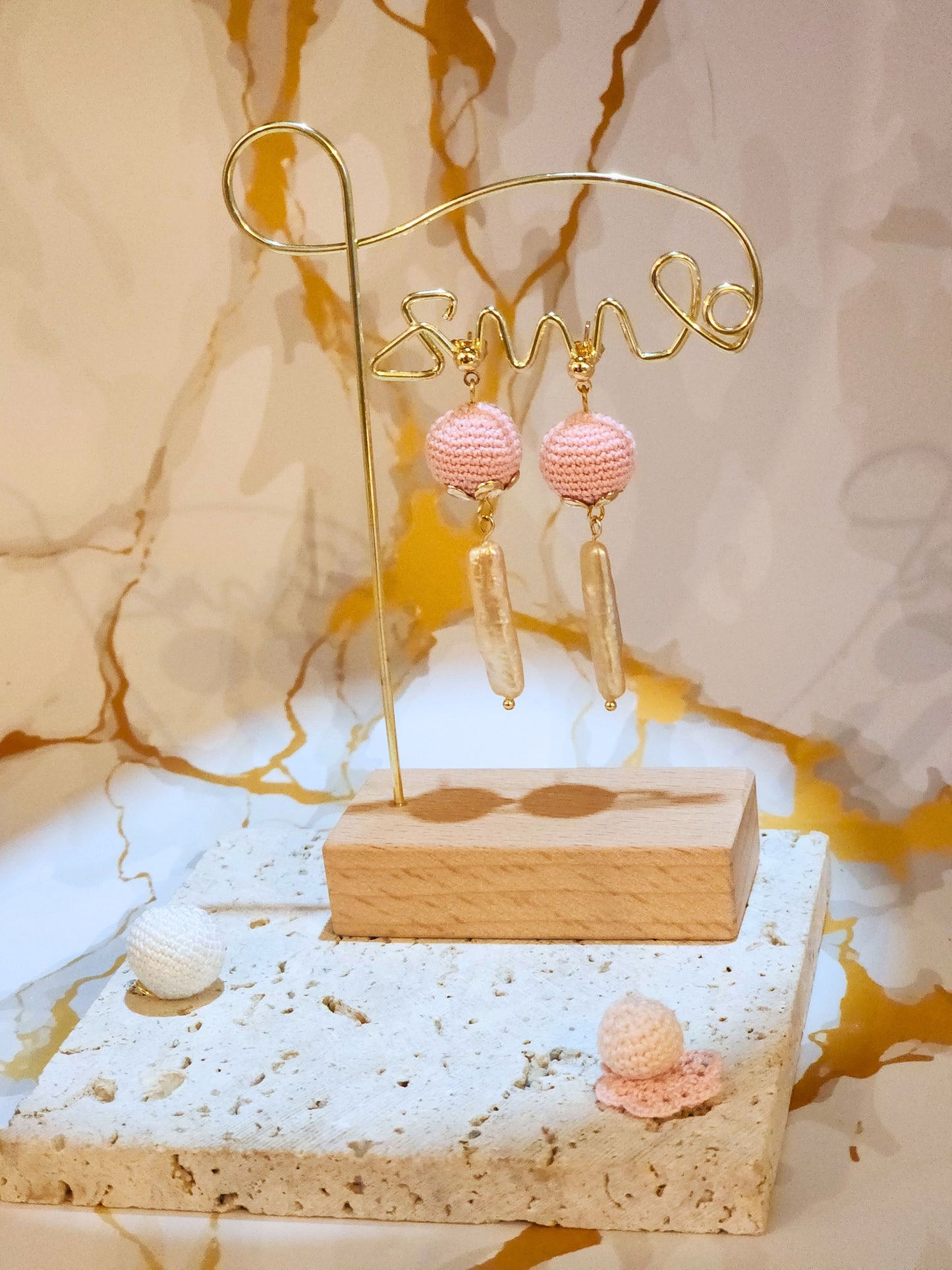 Handcrafted micro crochet pink pearls paired with unique, high lustre pink-gold Pipa pearls. Styled with 18K gold-plated studs.