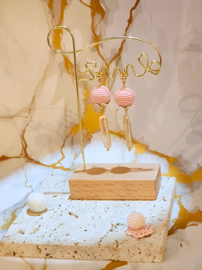 Handcrafted micro crochet pink pearls paired with unique, high lustre pink-gold Pipa pearls. Styled with 18K gold-plated studs.