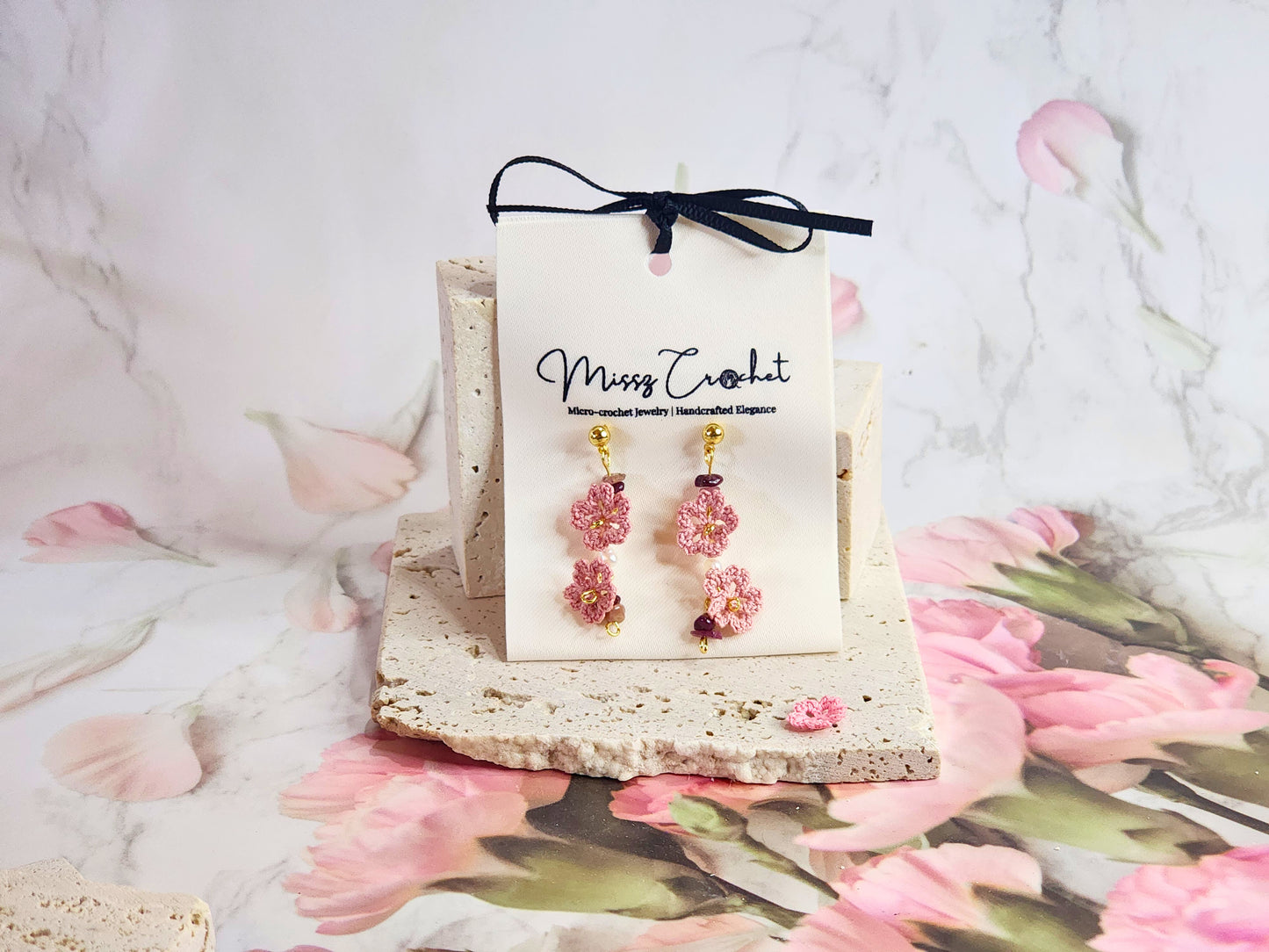Handcrafted deep pink sakura micr-crochet earrings. Adorned with natural Baroque pearls and tourmaline crystals. 