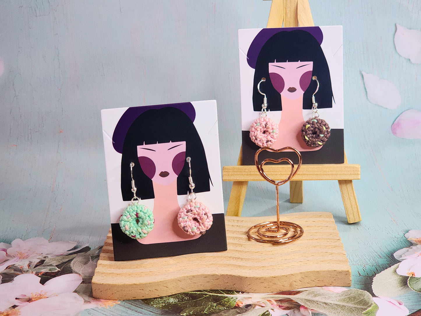 Handcrafted donut with sprinkles micro-crochet earrings in two colour combinations, pink & blue and pink & brown