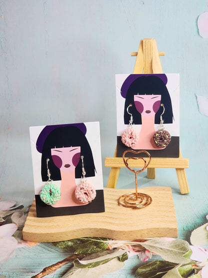 Handcrafted donut with sprinkles micro-crochet earrings in two colour combinations, pink & blue and pink & brown