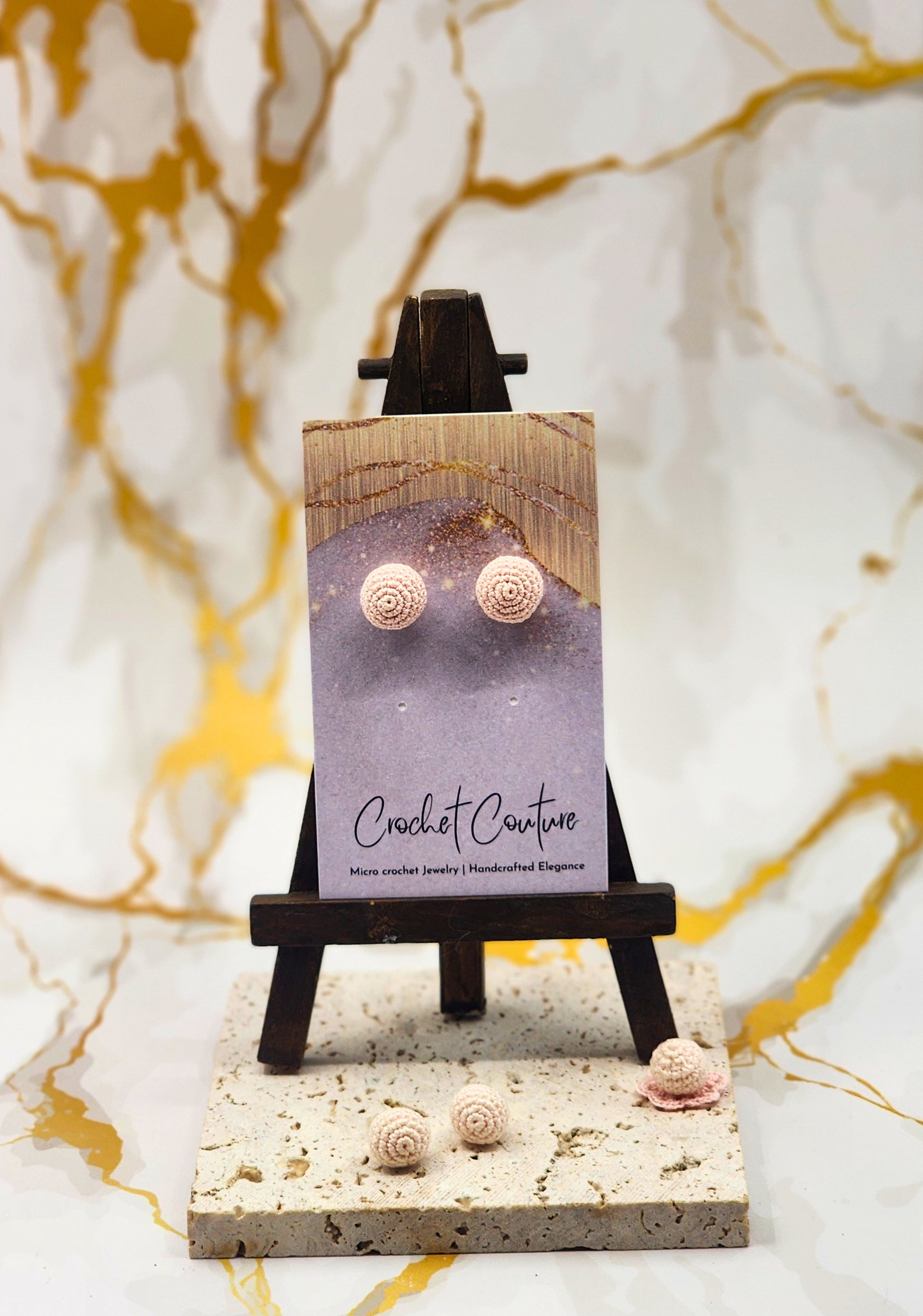  Handcrafted 6mm Akoya Crochet Pearl earrings (on stone display) inspired by the luminous glow of Japanese seawater pearls. 