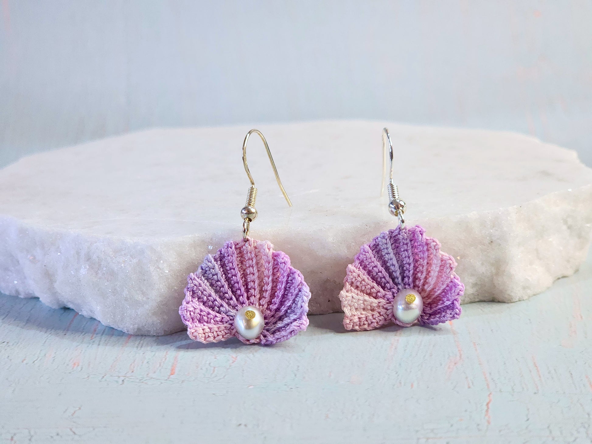 Handcrafted micro-crochet fan shell earrings with 5-5.5mm natural freshwater smoke grey pearls. S925 hooks.