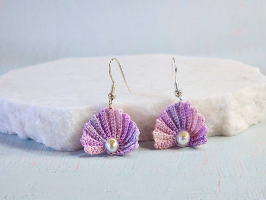 Handcrafted micro-crochet fan shell earrings with 5-5.5mm natural freshwater smoke grey pearls. S925 hooks.