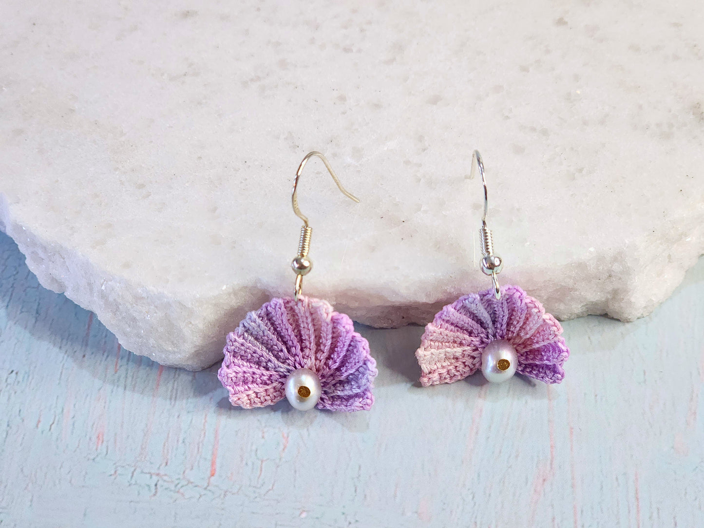 Handcrafted micro-crochet fan shell earrings with 5-5.5mm natural freshwater smoke grey pearls. S925 hooks.