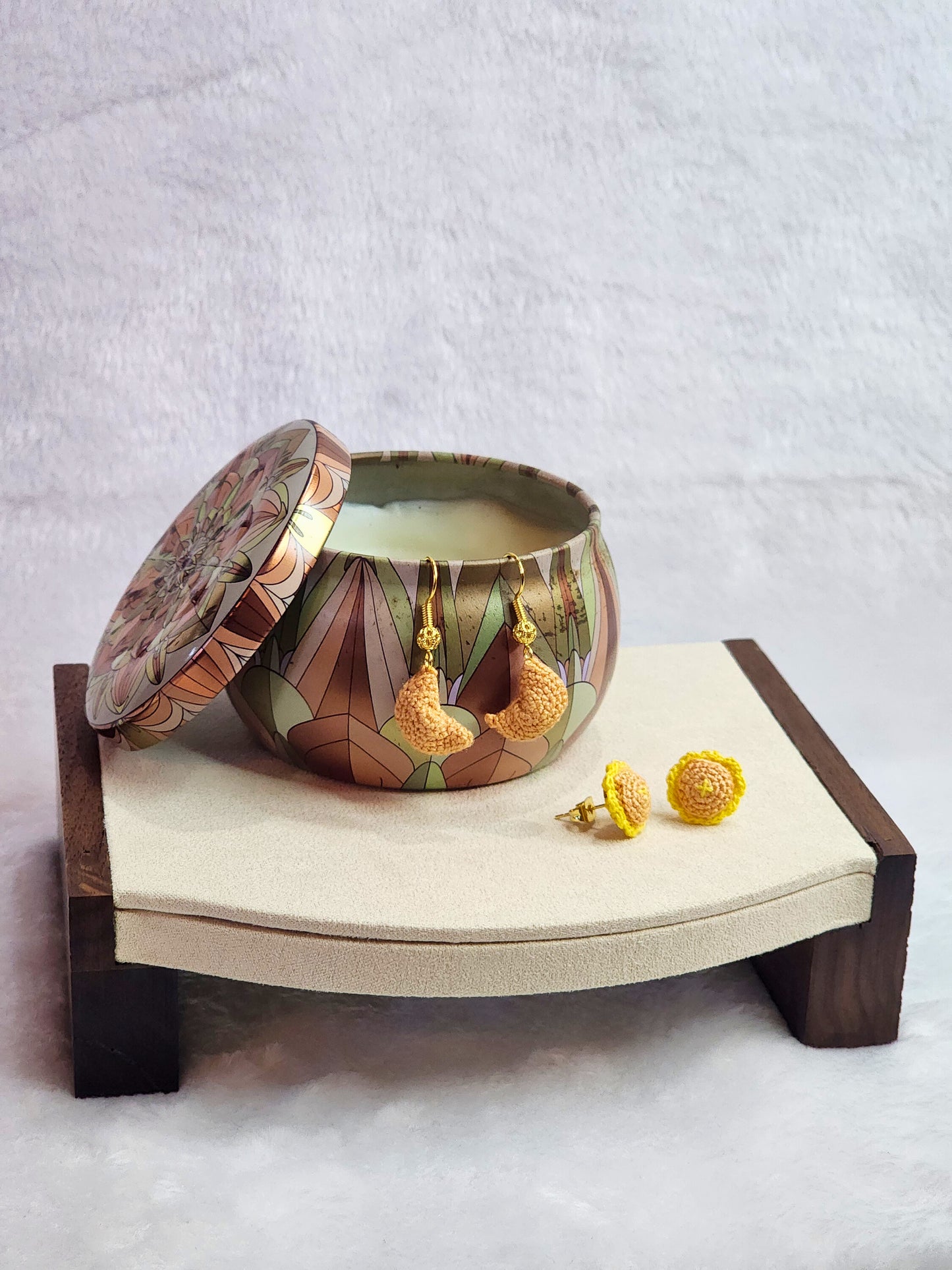 Handcrafted micro-crochet pineapple tart earrings on 18K gold-plated studs