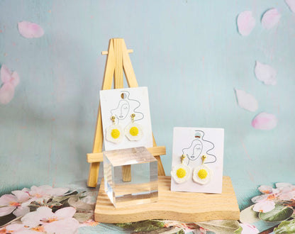 Pair of cute & whimiscal fried egg micro-crochet earrings. Handcrafted with ultra-fine lace yarn and paired with sterling silver hooks