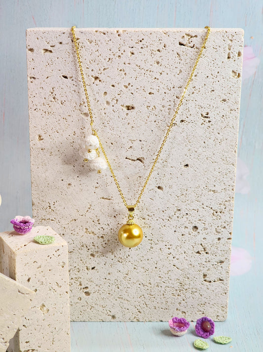 Natural South Sea Dark Gold Pearl with micro-crochet white Lilies of the Valley Necklace