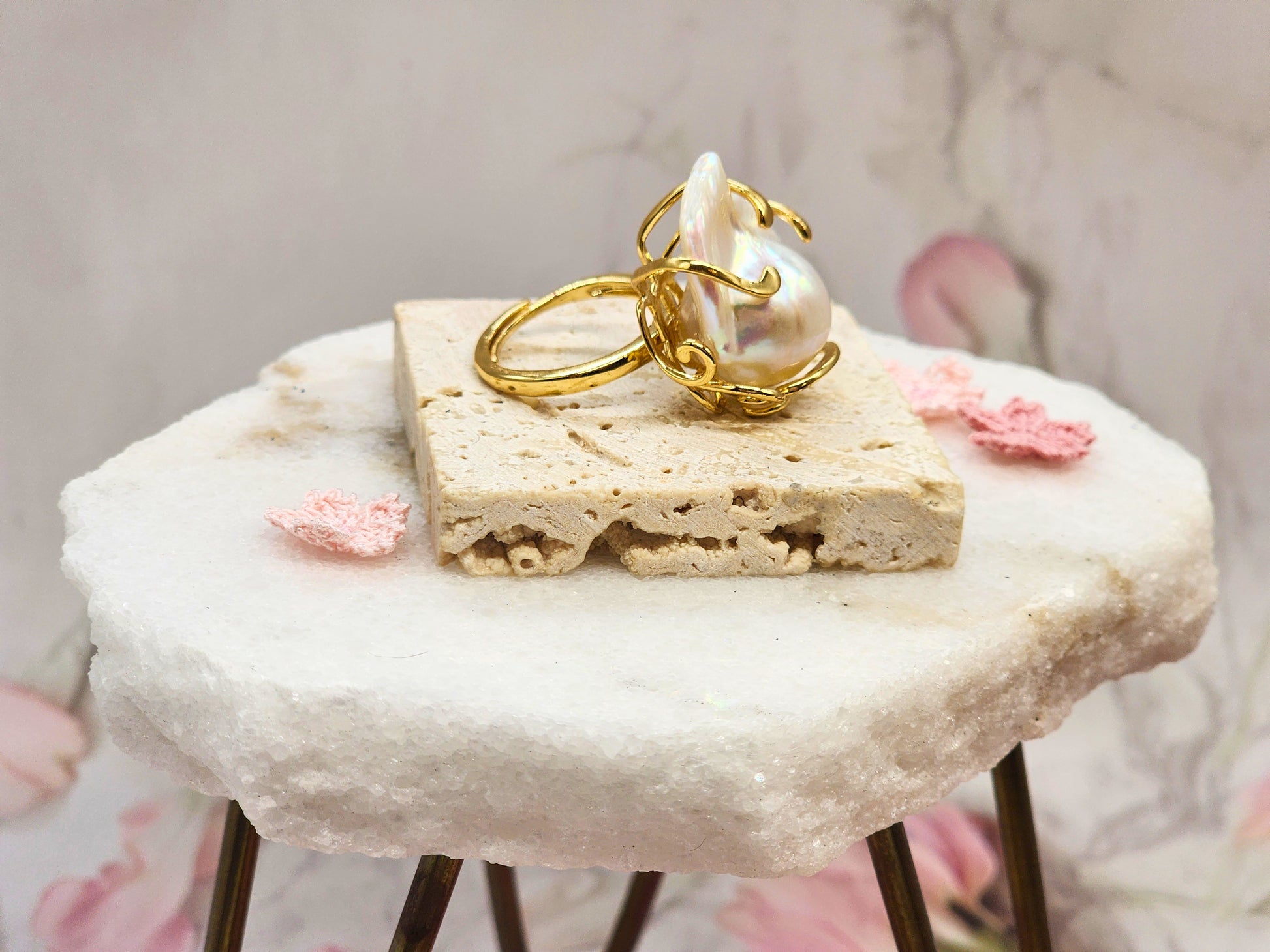 A grand 19x25mm Baroque Pearl Ring. Lustrous with a pink overtone. Flawless. Set on an 18K gold-plated band with intricate detailing. 