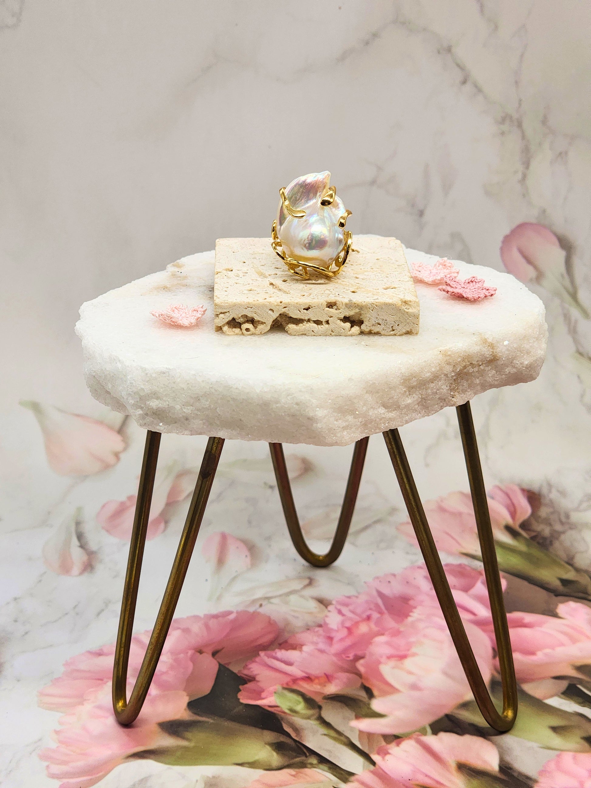 A grand 19x25mm Baroque Pearl Ring. Lustrous with a pink overtone. Flawless. Set on an 18K gold-plated band with intricate detailing. 