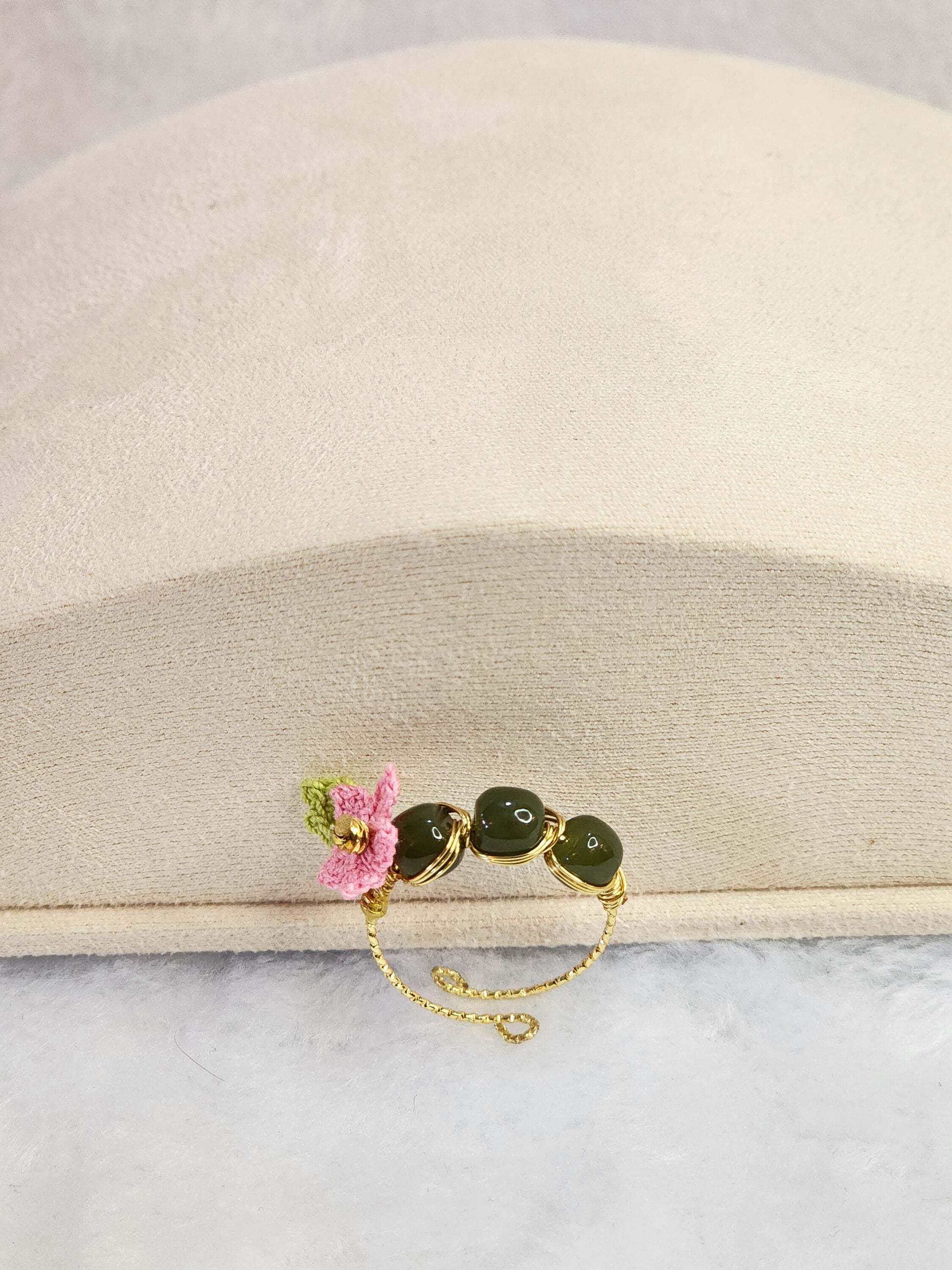 Natural Hetian Jade ring with a delicate handcrafted pink micro-crochet peach blossom on 14K gold-plated adjustable ring. 