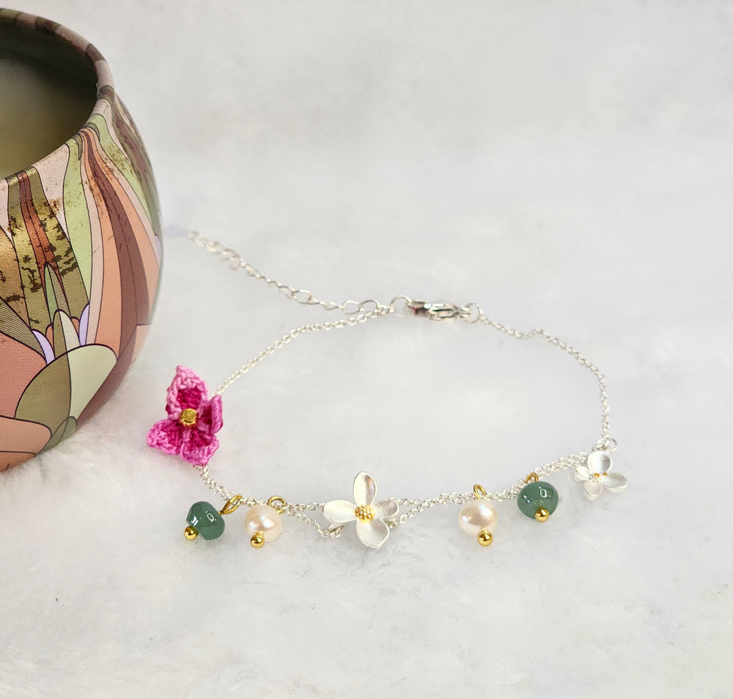 Natural Jadeite and Pearls bracelet with pink handcrafted micro-crochet peach blossoms on S925 bracelet