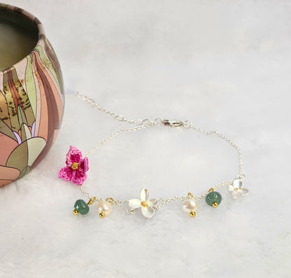 Natural Jadeite and Pearls bracelet with pink handcrafted micro-crochet peach blossoms on S925 bracelet