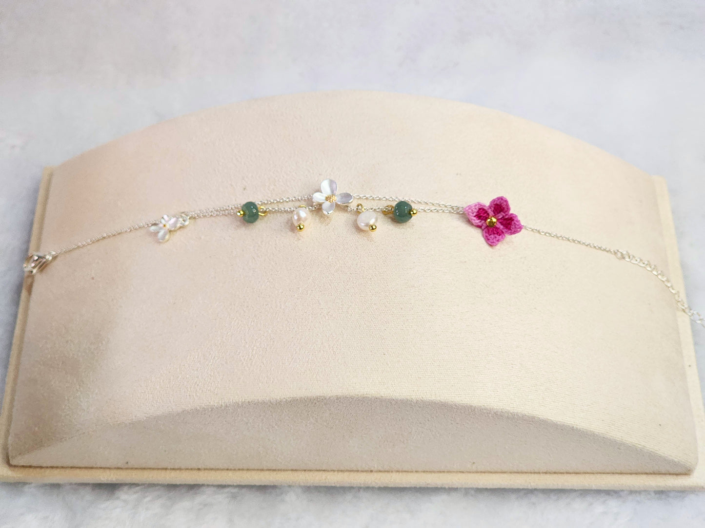 Natural Jadeite and Pearls bracelet with pink handcrafted micro-crochet peach blossoms on S925 bracelet