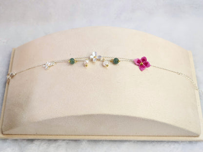 Natural Jadeite and Pearls bracelet with pink handcrafted micro-crochet peach blossoms on S925 bracelet