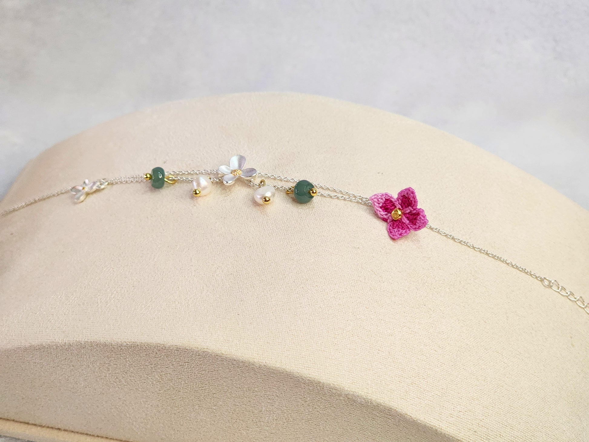 Natural Jadeite and Pearls bracelet with pink handcrafted micro-crochet peach blossoms on S925 bracelet
