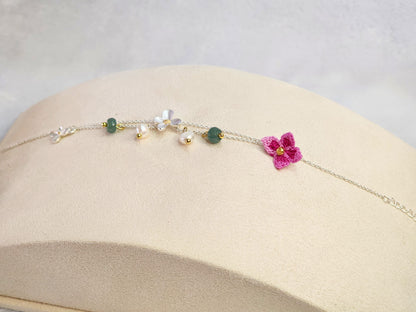 Natural Jadeite and Pearls bracelet with pink handcrafted micro-crochet peach blossoms on S925 bracelet