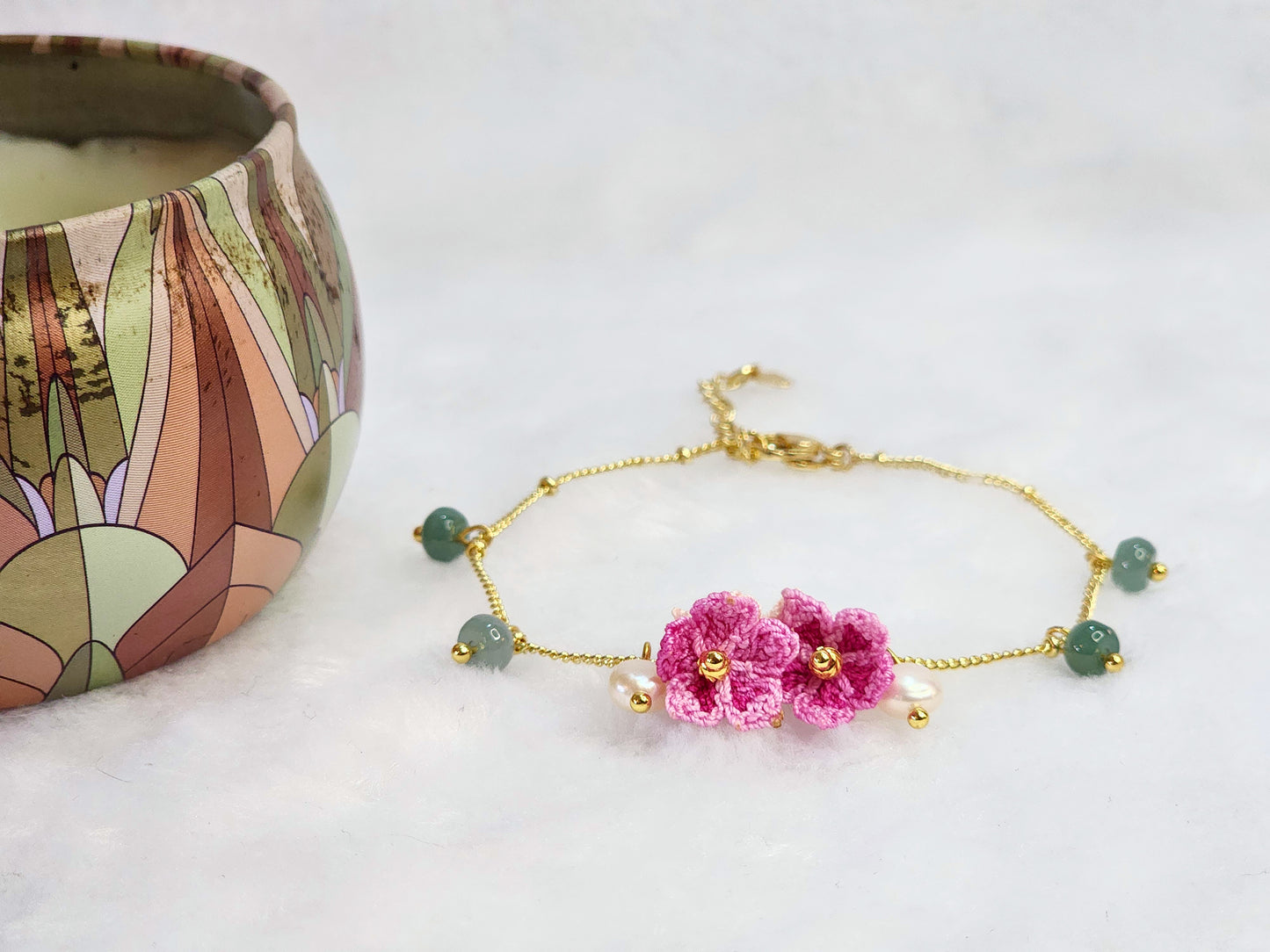 Natural Jadeite and Pearl bracelet with pink handcrafted micro-crochet peach blossoms on 18K gold-plated bracelet