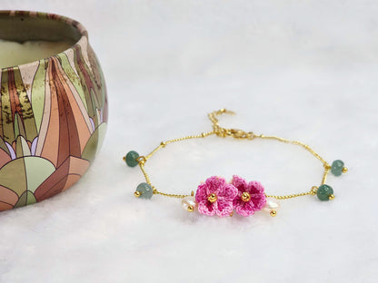 Natural Jadeite and Pearl bracelet with pink handcrafted micro-crochet peach blossoms on 18K gold-plated bracelet