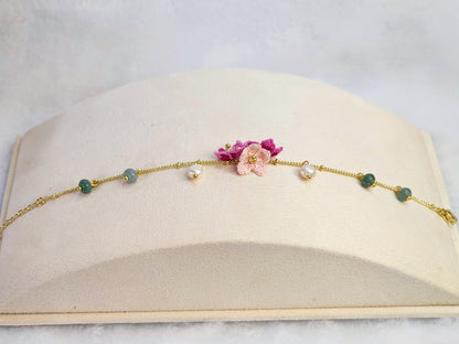 Natural Jadeite and Pearl bracelet with pink handcrafted micro-crochet peach blossoms on 18K gold-plated bracelet