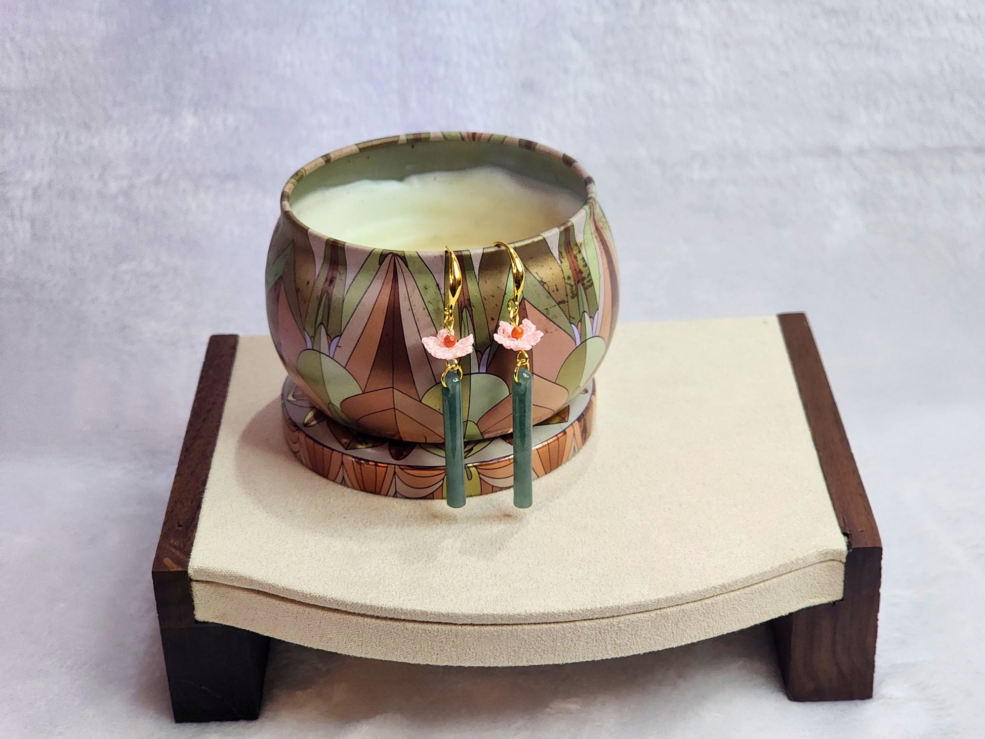 Natural Jadeite and Red Agate earrings with pink handcrafted micro-crochet peach blossoms on 18K gold-plated ear hooks