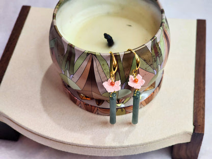 Natural Jadeite and Red Agate earrings with pink handcrafted micro-crochet peach blossoms on 18K gold-plated ear hooks