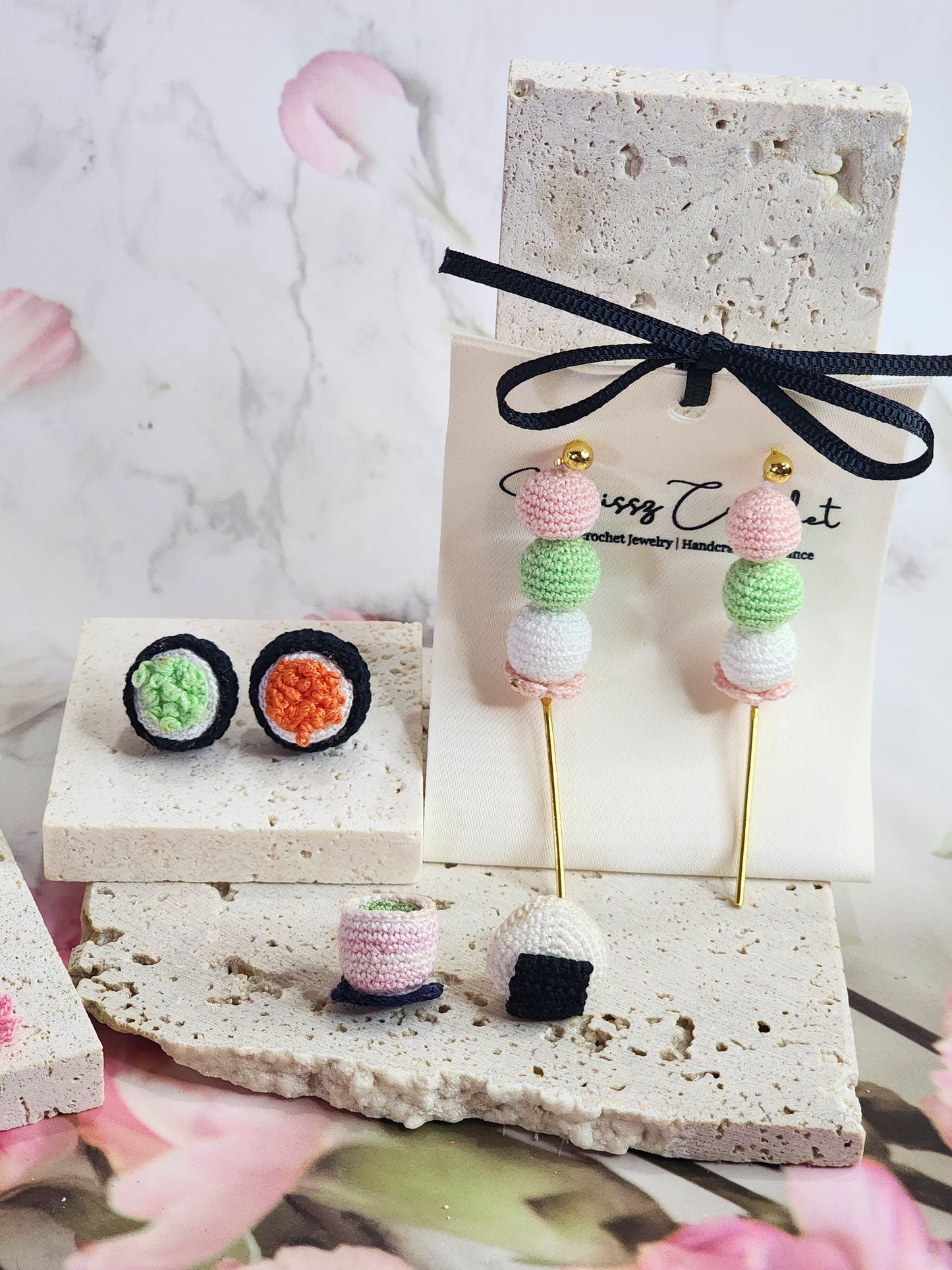 Collection of handcrafted kawaii micro-crochet earrings with 18K gold-plated ear studs & findings