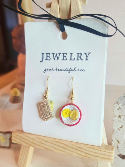 Kaya Toast & Bowl of Half-boiled Eggs micro-crochet earrings paired with 18KGP ear hooks