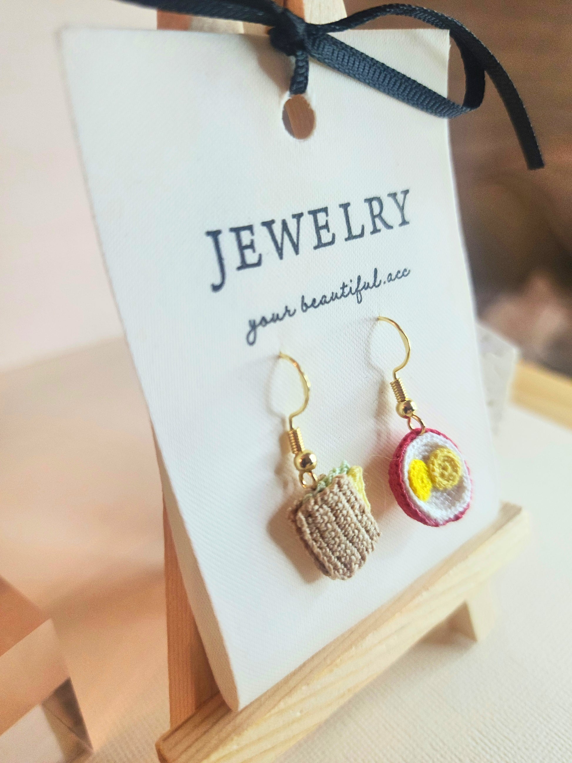 Kaya Toast & Bowl of Half-boiled Eggs micro-crochet earrings paired with 18KGP ear hooks
