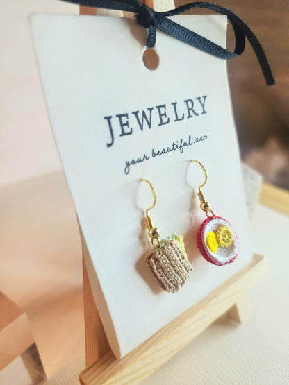 Kaya Toast & Bowl of Half-boiled Eggs micro-crochet earrings paired with 18KGP ear hooks