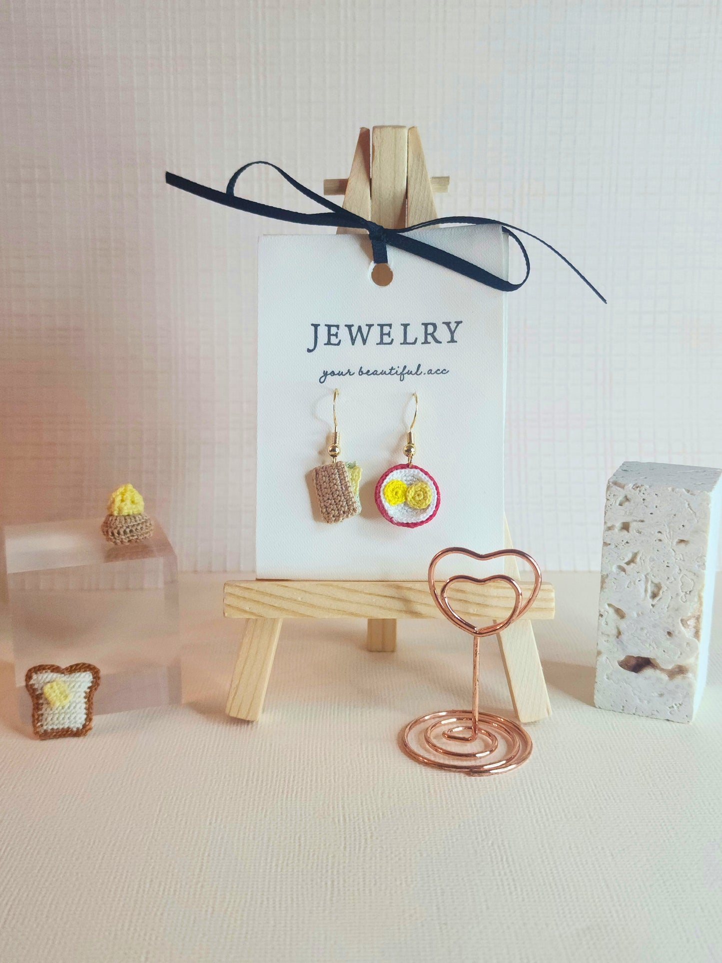 Kaya Toast & Bowl of Half-boiled Eggs micro-crochet earrings paired with 18KGP ear hooks