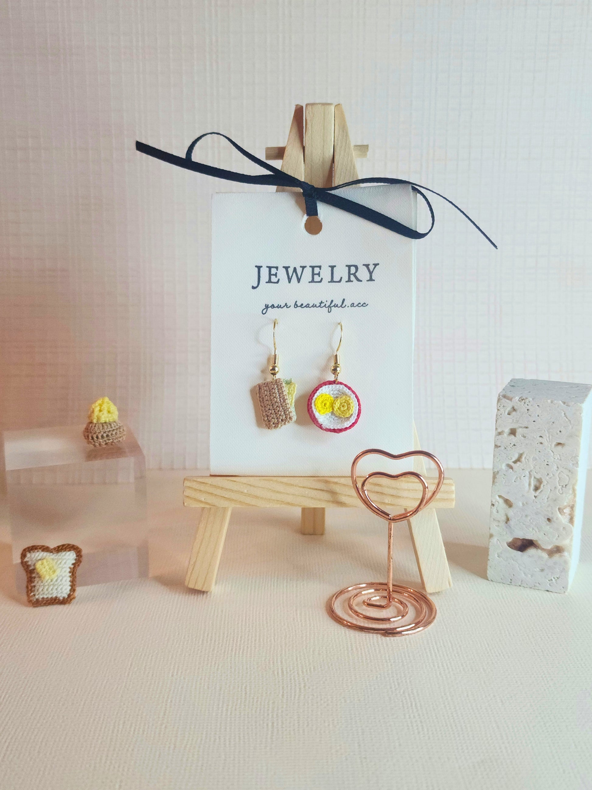 Kaya Toast & Bowl of Half-boiled Eggs micro-crochet earrings paired with 18KGP ear hooks