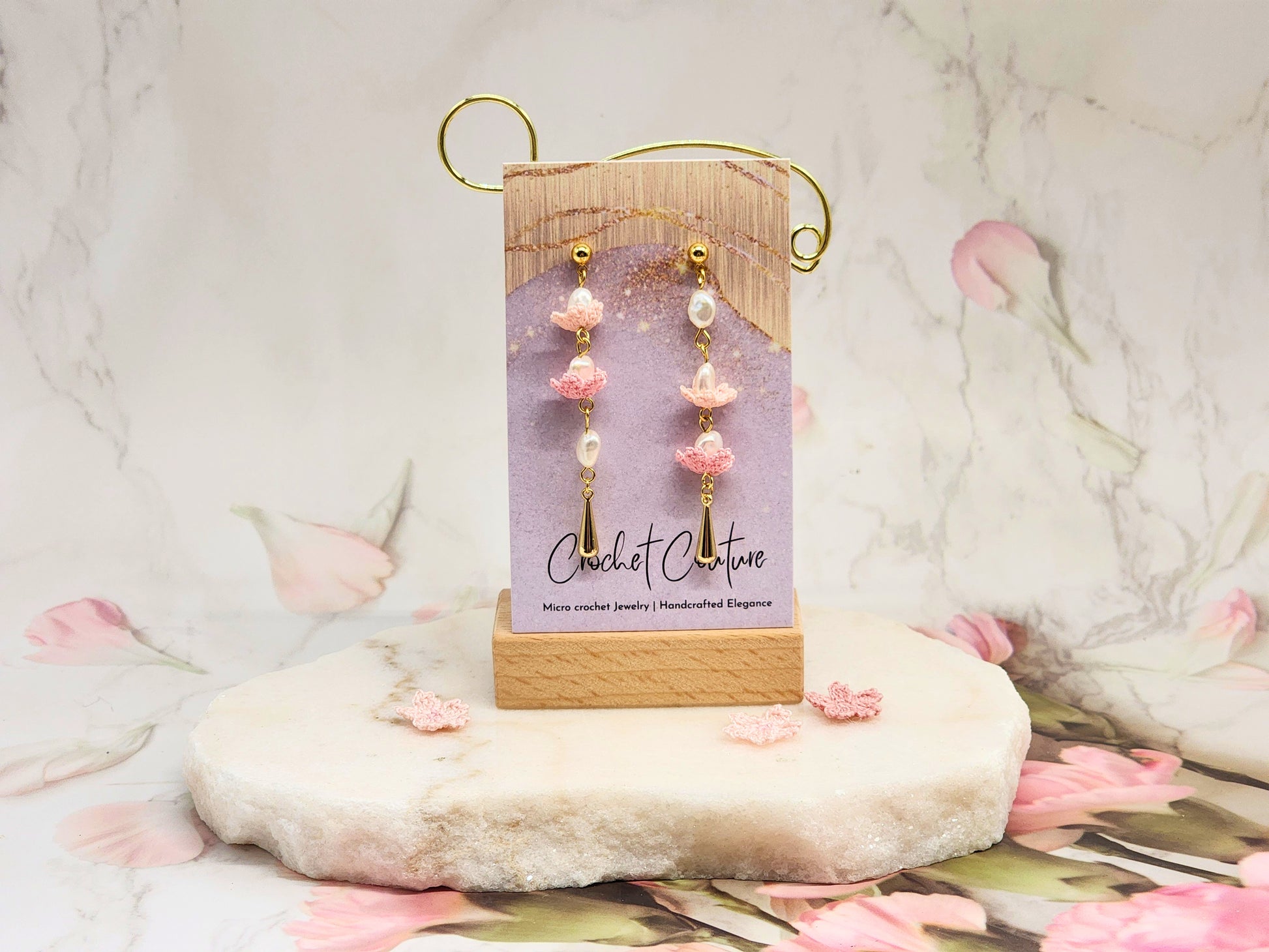 Luminous Keshi pearls and intricate micro crochet Sakura Asymmetrical Chandelier Earrings. 18K gold-plated. 