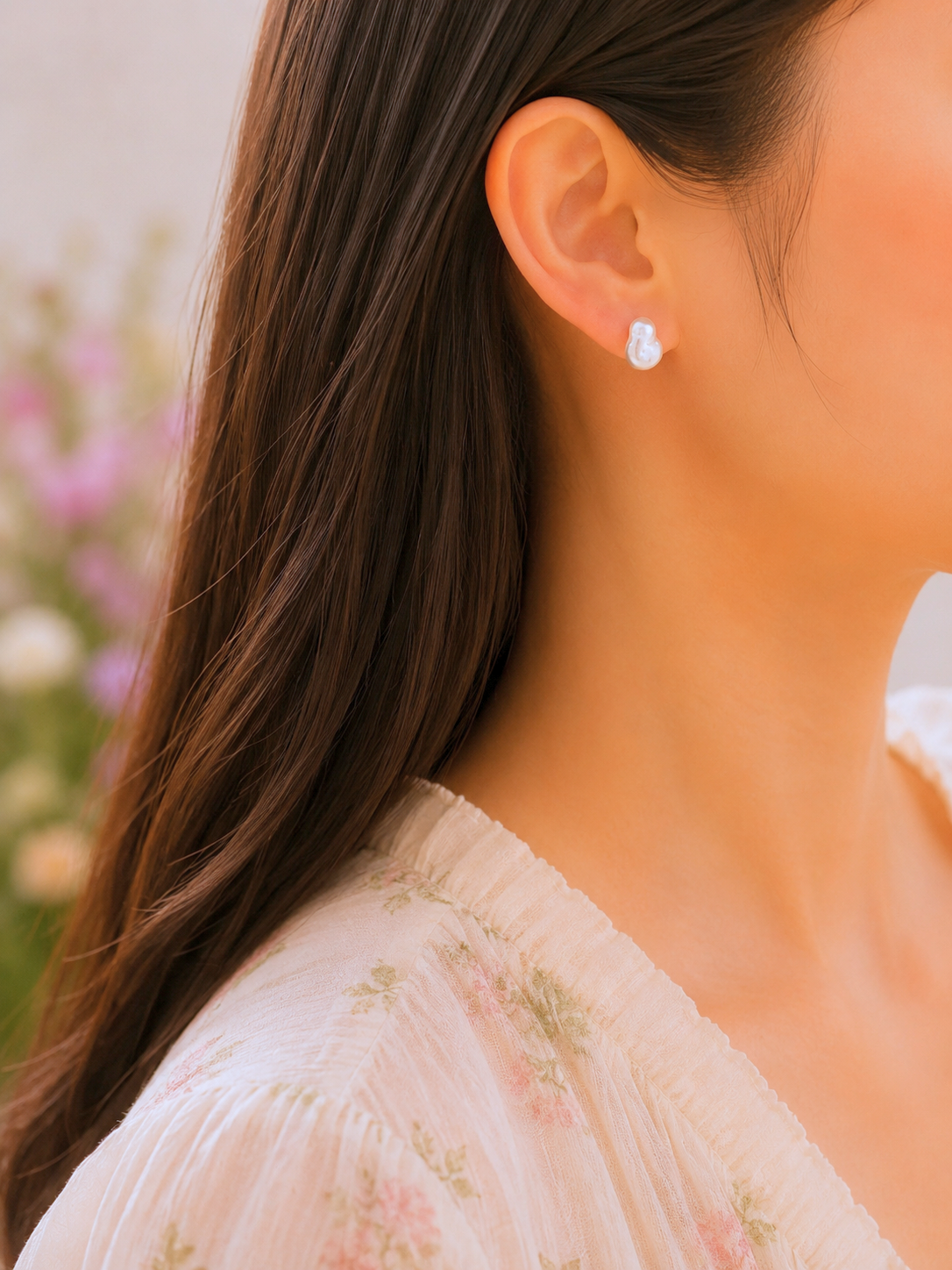 Lustrous 6-8mm freshwater Keshi pearls. Finished with gold vermeil studs. 
