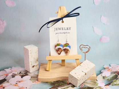 A pair of artisan-crafted mixed fruits crepe micro-crochet earrings. Handcrafted with ultra-fine lace yarn & sterling silver