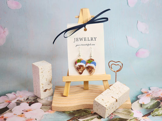 A pair of artisan-crafted mixed fruits crepe micro-crochet earrings. Handcrafted with ultra-fine lace yarn & sterling silver