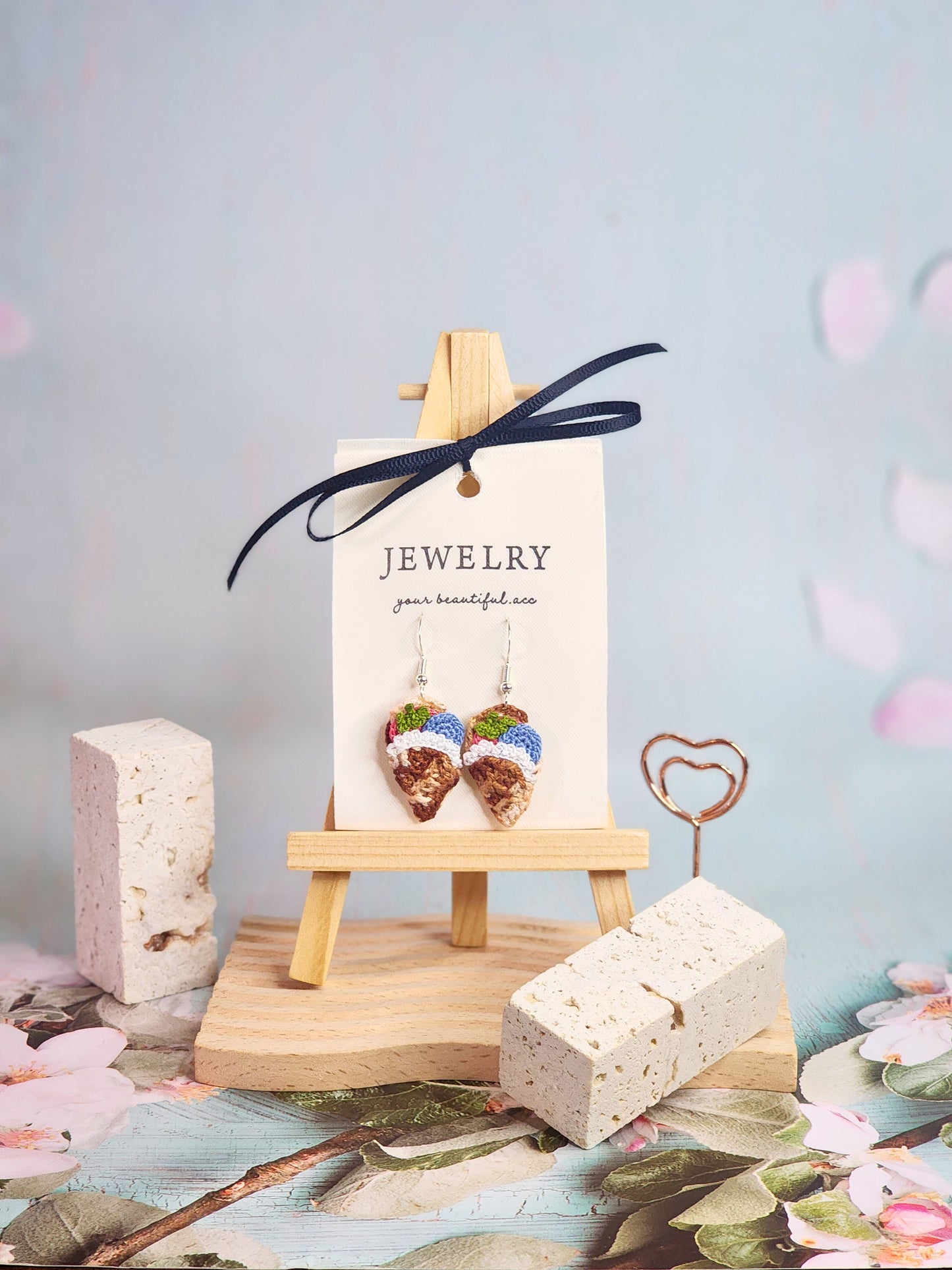 A pair of artisan-crafted mixed fruits crepe micro-crochet earrings. Handcrafted with ultra-fine lace yarn & sterling silver