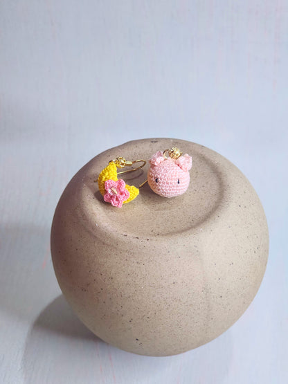 Handcrafted micro-crochet moon and bunny amigurumi earrings. 18K gold-plated ear hooks.