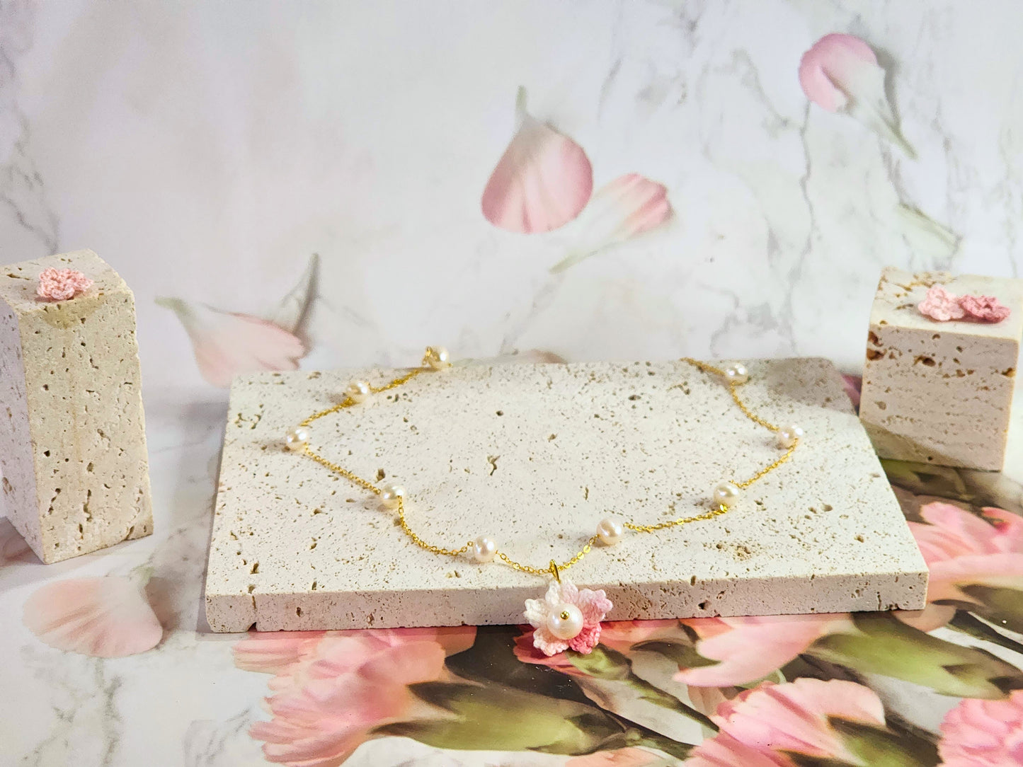 Freshwater Pearls Choker with Micro-crochet Sakura & Pearl pendant. Handcrafted and paired with an 18K gold-plated chain.   