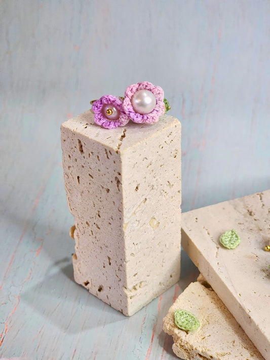 Pink-purple micro-crochet Lilies of the Valley with luminous 8mm & 5mm Freshwater Pearls Ring. 18K gold-plated adjustable ring.