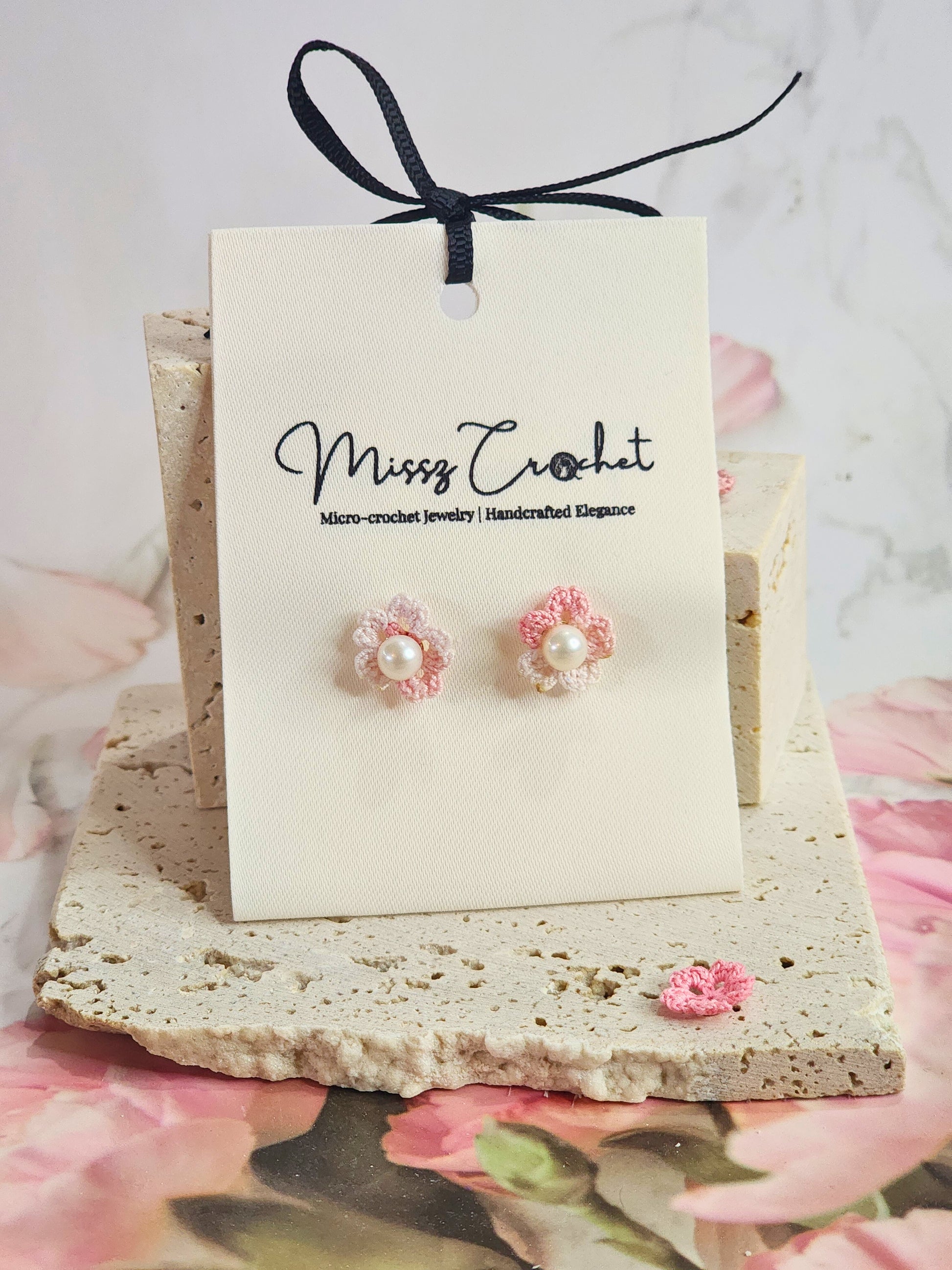 Refined and feather-light handcrafted Sakura with Pearls micro-crochet earrings. Adorned with 5-6mm natural freshwater pearls.