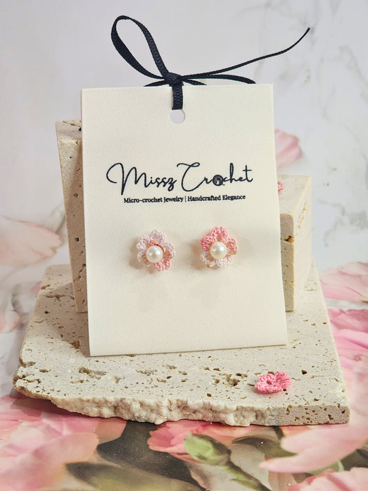 Refined and feather-light handcrafted Sakura with Pearls micro-crochet earrings. Adorned with 5-6mm natural freshwater pearls.