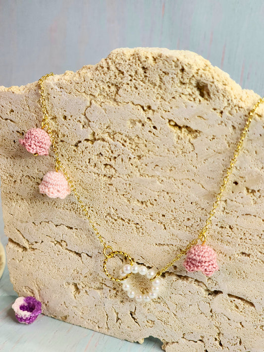 Freshwater Pearls with micro-crochet Pink Lilies of the Valley Necklace. Each bloom adorned with its own 4.5-5mm freshwater pearl.
